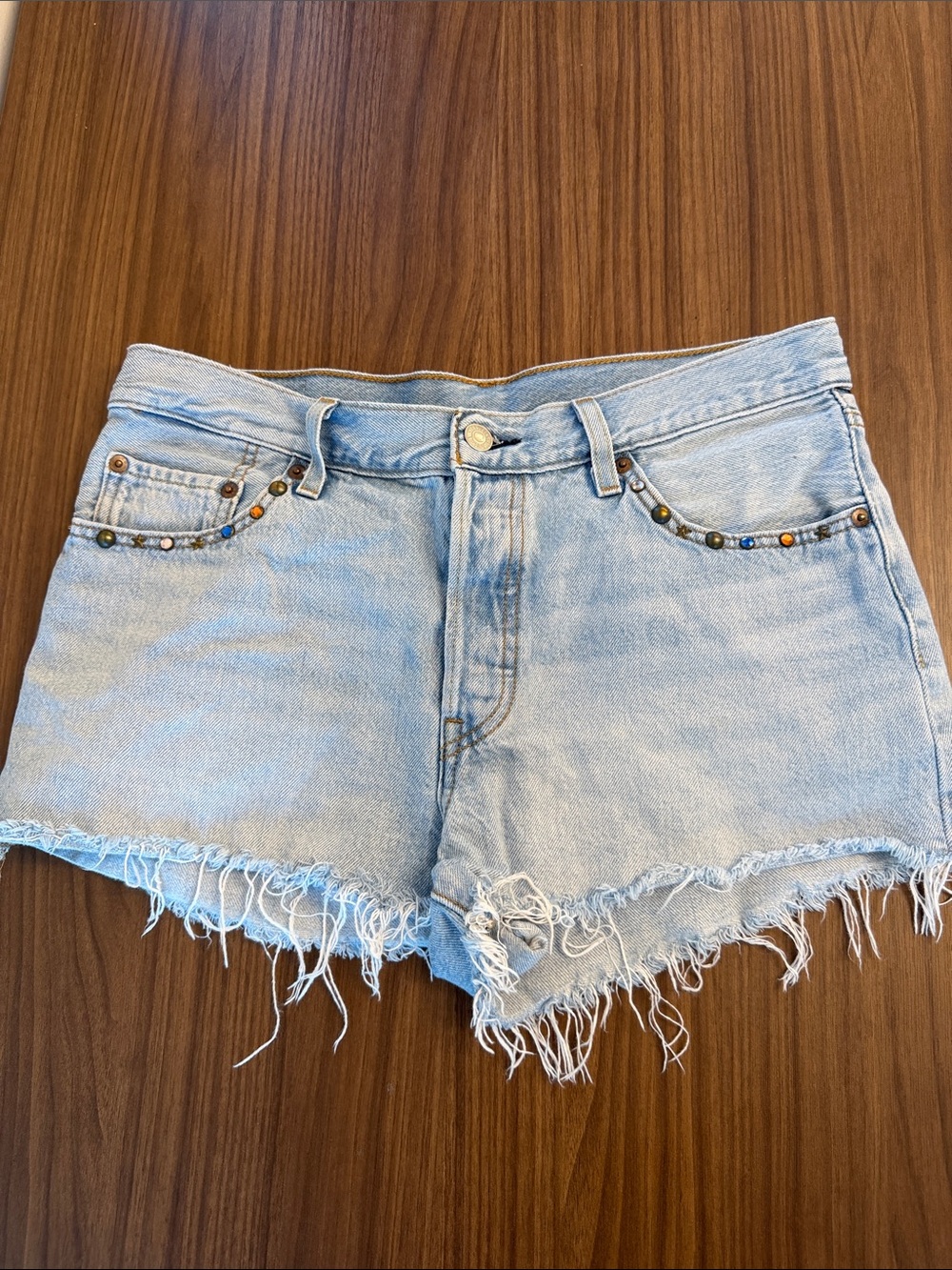 Levi's 501 Light Blue Distressed Denim Shorts with Multicolor Bead Accents